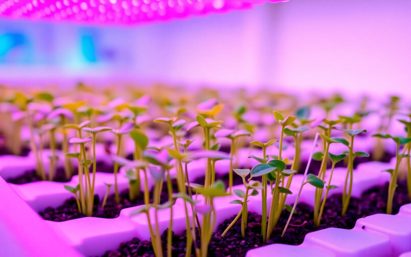 Seedlings under controlled LED lighting